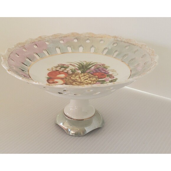 Antique Ucagco Pedestal Footed Pierced Fruit Hand Painted Ceramic Plate Luster - Picture 6 of 7
